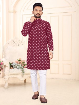 New Red Designer Cotton And Sequins Work For Men Kurta Pajama
